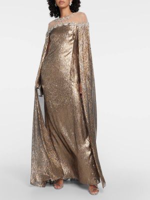 Vestito lungo di seta con cristalli Oscar De La Renta oro
