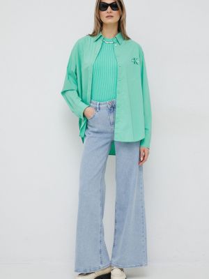 Памучна дънкова риза Calvin Klein Jeans зелено