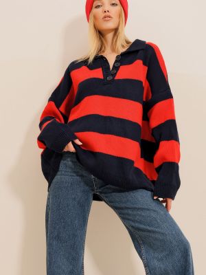 Polo marškinėliai su sagomis oversize Trend Alaçatı Stili mėlyna