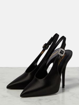 Pantofi cu toc din satin slingback Saint Laurent negru