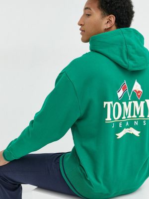 Bluza z kapturem bawełniana z nadrukiem Tommy Jeans zielona