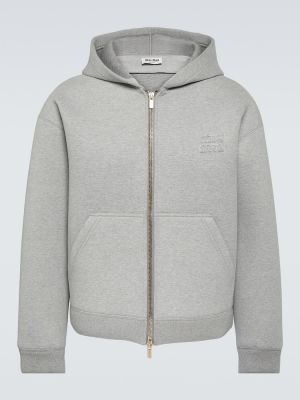 Pamučna hoodie s kapuljačom s vezom od jersey Miu Miu siva