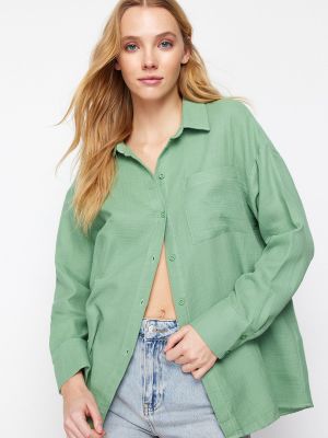 Oversize риза с копчета от муселин Trendyol зелено