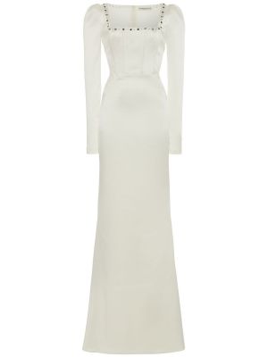 Копринена сатенена вечерна рокля с шипове Alessandra Rich бяло