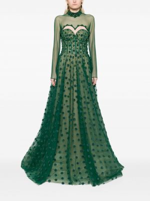 Tylové puntíkaté večerní šaty s korálky Saiid Kobeisy zelené