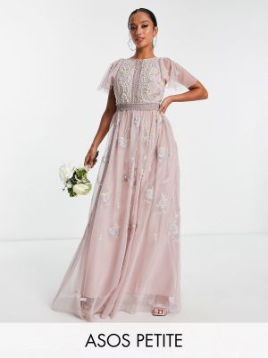 Длинное платье с вышивкой с жемчугом Asos розовое
