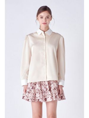 Женская шелковистая рубашка с комбинированным воротником из поплина English Factory, слоновая кость/кремовый