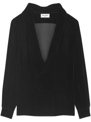 Žametna bluza iz rebrastega žameta z v-izrezom Saint Laurent črna