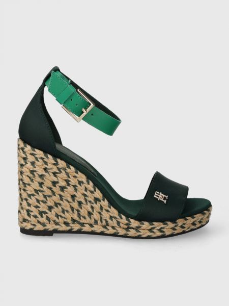 Сатенени сандали с клин ток Tommy Hilfiger зелено