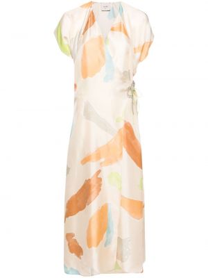 Jedwabna sukienka długa z nadrukiem w abstrakcyjne wzory Alysi beżowa