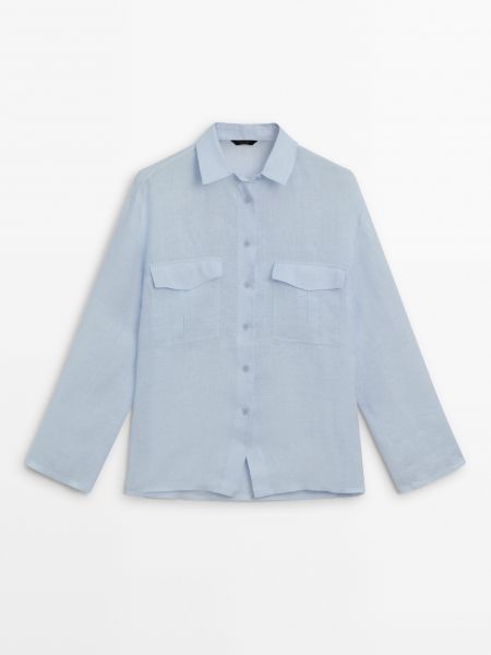 Льняная рубашка с карманами Massimo Dutti синяя