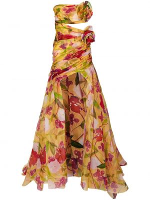 Kvetinové večerné šaty s vysokým pásom s potlačou Carolina Herrera žltá