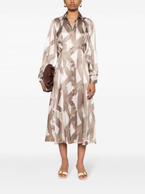 Hedvábné midi šaty s potiskem s abstraktním vzorem Kiton hnědé