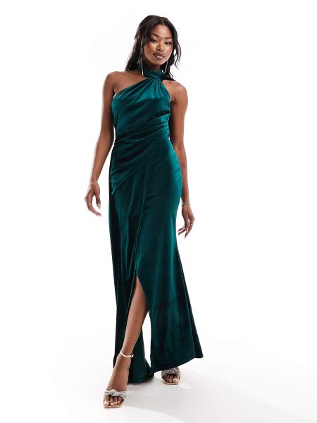 Бархатное длинное платье с драпировкой Asos зеленое