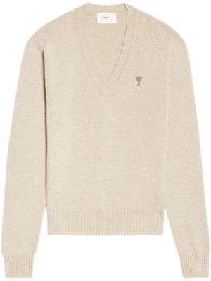 Плетен пуловер с v-образно деколте Ami Paris бежово