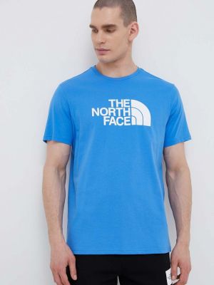 Памучна тениска с дълъг ръкав с принт The North Face синьо