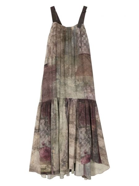Hedvábné šaty s potiskem s abstraktním vzorem Ziggy Chen béžové