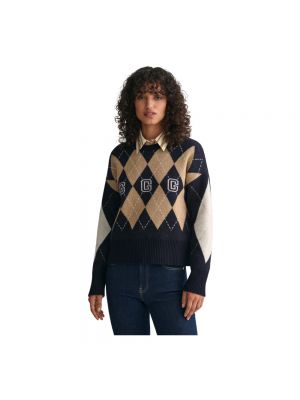 Sweter z wzorem argyle Gant niebieski