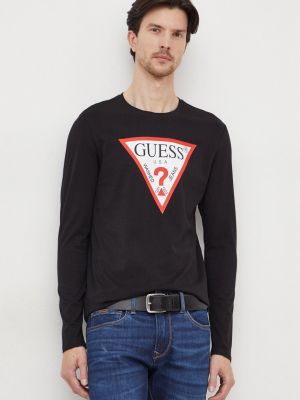 Bavlněné tričko s dlouhým rukávem s potiskem s dlouhými rukávy Guess černé