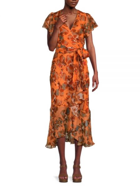 Льняное платье миди в цветочек с принтом Tanya Taylor оранжевое