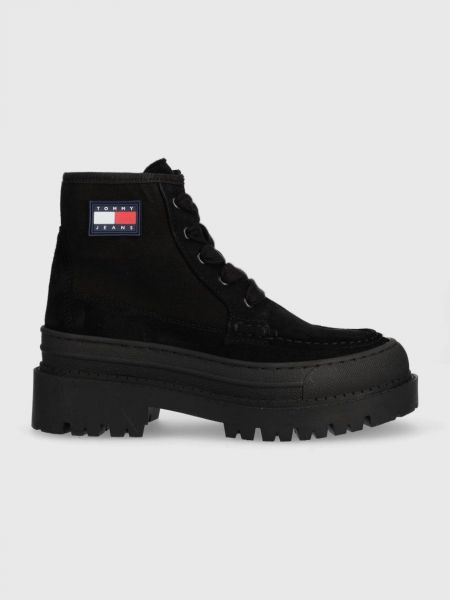 Krajkové šněrovací kotníkové boty na platformě Tommy Jeans černé