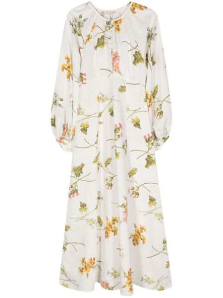 Lanena ravna obleka s cvetličnim vzorcem s potiskom Bytimo bela