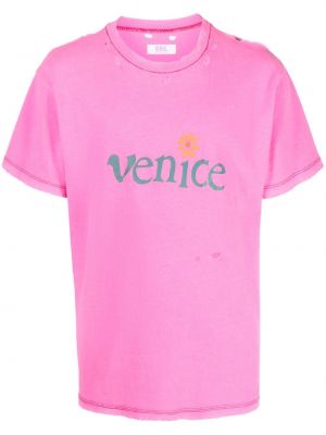 Тениска с протрити краища с принт Erl розово
