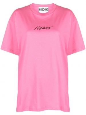 Medvilninis siuvinėtas marškinėliai Moschino rožinė