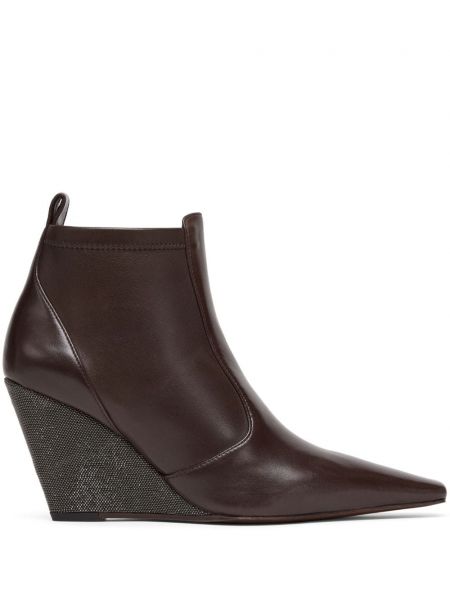 Ankle boots skórzane na koturnie Brunello Cucinelli brązowe