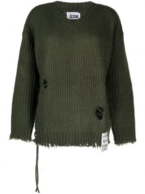 Sweter z przetarciami z dekoltem w serek Izzue zielony
