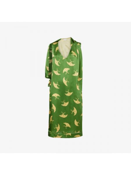 Шелковое платье миди с принтом с v-образным вырезом Dries Van Noten зеленое