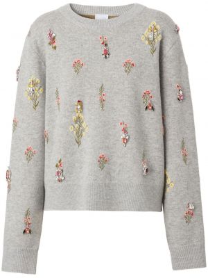 Вълнен пуловер на цветя с кристали Burberry сиво