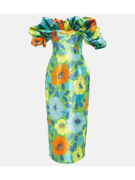 Satenska midi obleka s cvetličnim vzorcem z volani Alemais