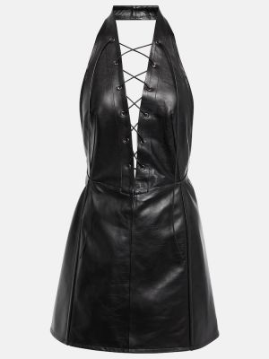 Usnjena mini obleka z v-izrezom Petar Petrov črna