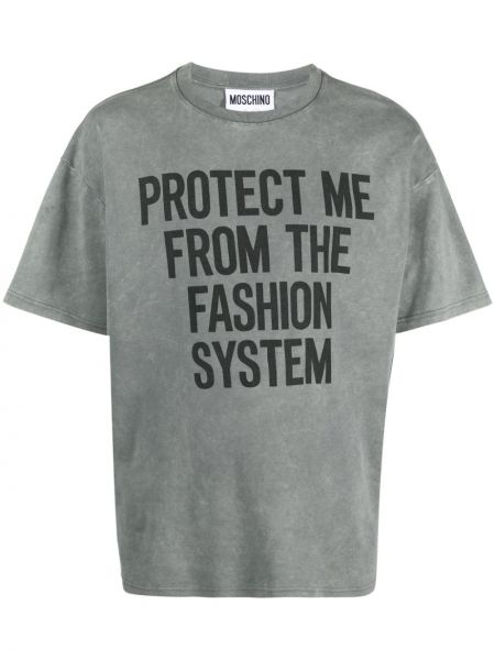 T-shirt avec imprimé slogan en coton à imprimé Moschino gris