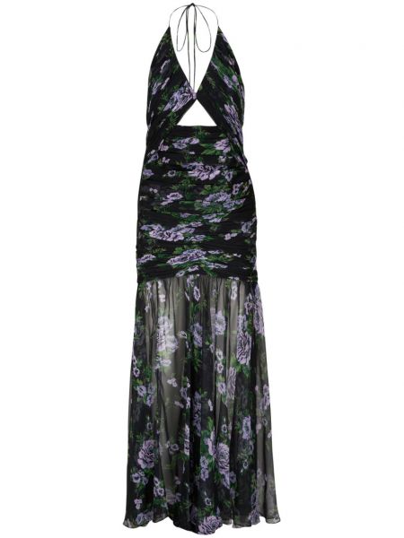 Svilena večernja haljina s cvjetnim printom s printom Carolina Herrera crna