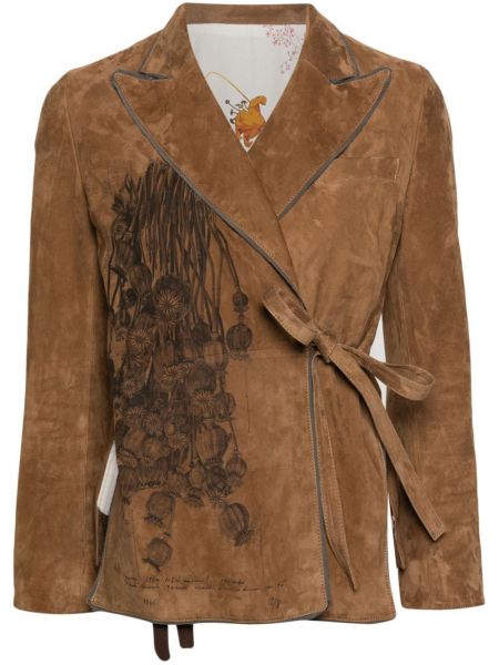 Usnjena jakna iz semiša s cvetličnim vzorcem s potiskom Ibrigu rjava
