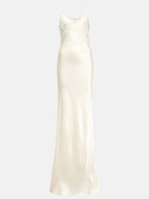 Čipkované saténové dlouhé šaty s výšivkou Victoria Beckham biela