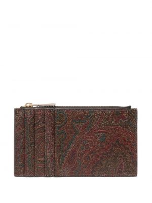 Usnjena denarnica s paisley potiskom z žepi Etro rjava