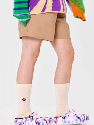 Květinové ponožky s výšivkou Happy Socks béžové