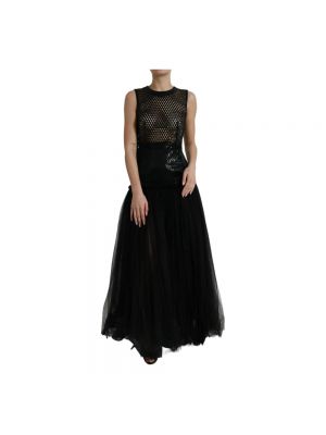 Haftowana sukienka długa z siateczką koronkowa Dolce And Gabbana czarna
