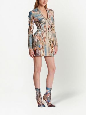 Lniana sukienka mini z nadrukiem w abstrakcyjne wzory Balmain złota