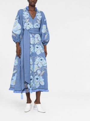 Lniana sukienka midi w kwiatki żakardowa Yuliya Magdych niebieska