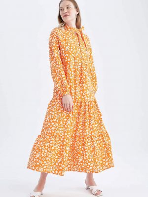 Sukienka długa w kwiatki z długim rękawem pleciona Defacto pomarańczowa