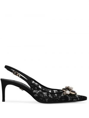 Pantofi cu toc din dantelă slingback de cristal Dolce & Gabbana negru