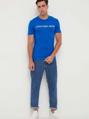 Koszulka bawełniana z nadrukiem Calvin Klein Jeans niebieska