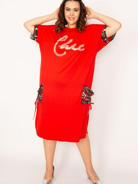 Φόρεμα από βισκόζη με σχέδιο με τσέπες şans κόκκινο