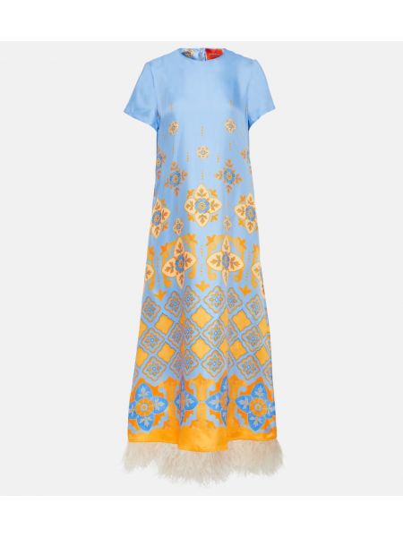 Svilena maksi haljina sa perjem s printom La Doublej plava