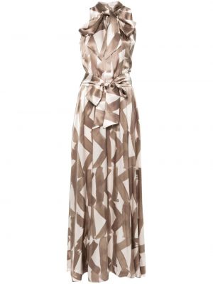 Jedwabna sukienka długa z nadrukiem w abstrakcyjne wzory Kiton brązowa
