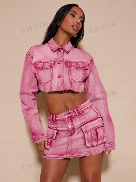 Джинсовая куртка с потертостями Shein розовая